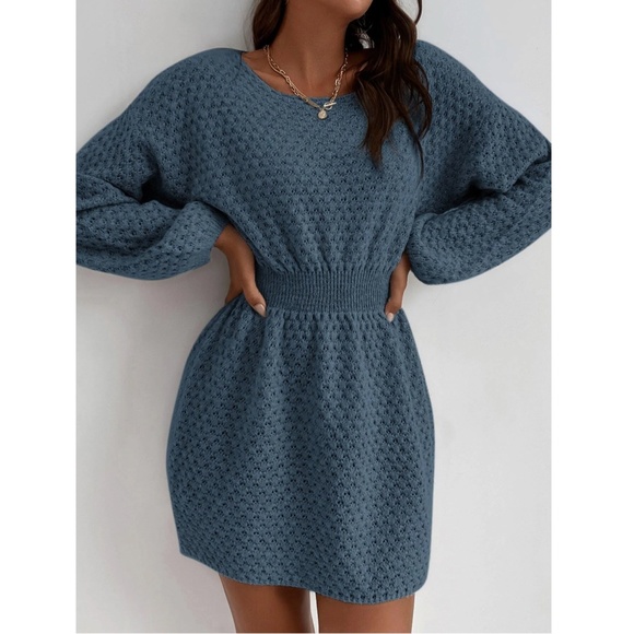 Blue Knit Batwing Long Sleeve Fitted Waist Mini Short Winter Dress - Picture 5 of 9